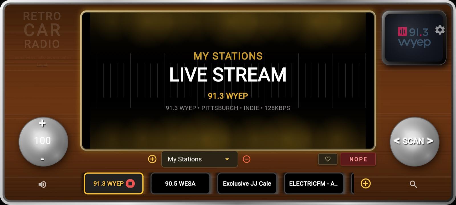 Retro Car Radio — Tuner — WYEP playing live, station logo on the TV