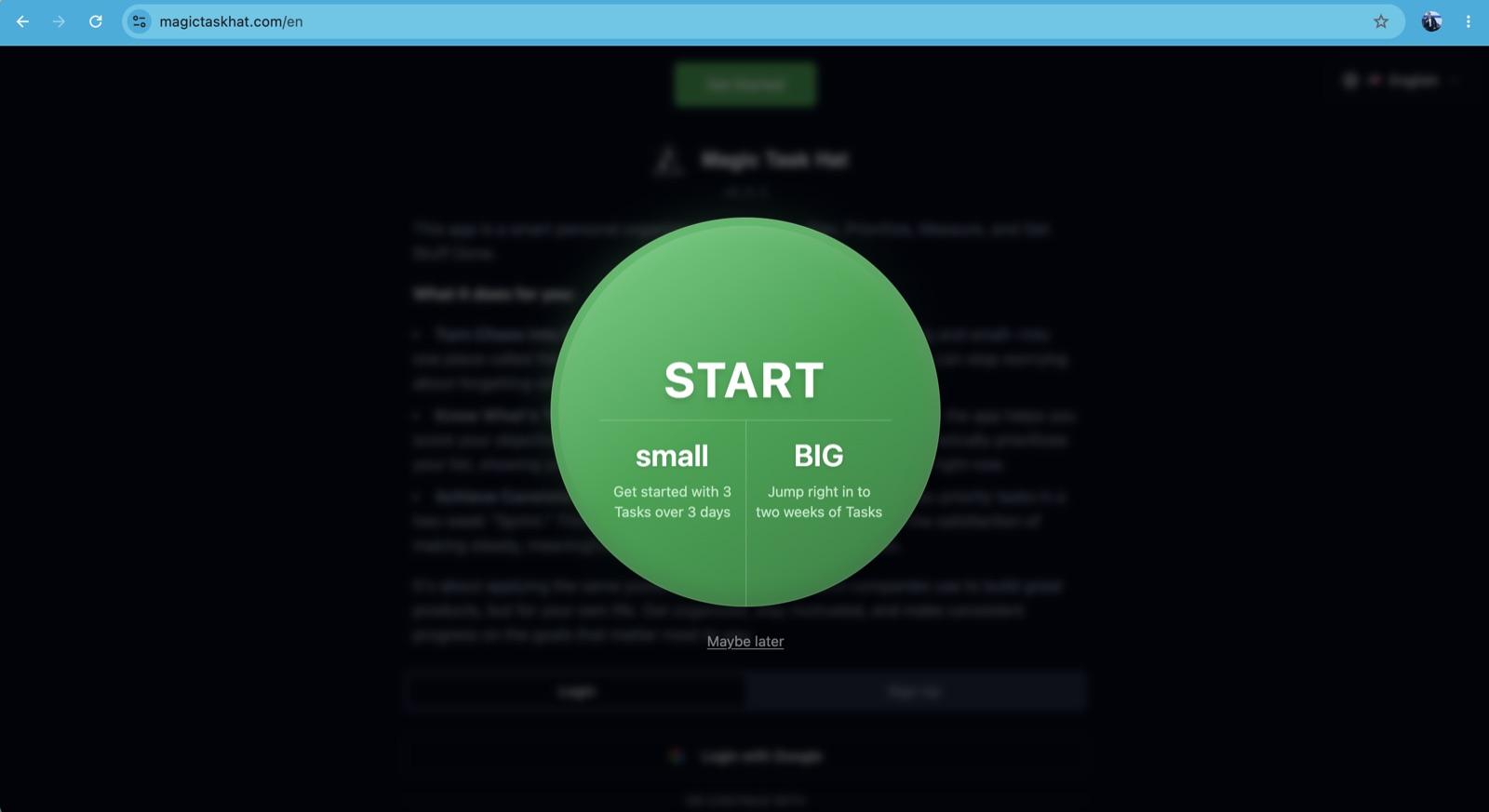 Magic Task Hat — Gamified onboarding — pick Small (3 tasks, 3 days) or BIG (two-week sprints)