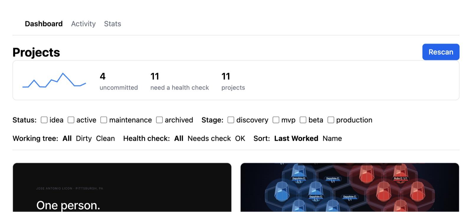 ProjectsDash — Dashboard — commit sparkline, uncommitted/health-check/project counts, status/stage filters