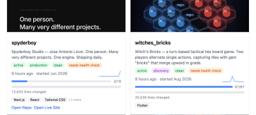 Project cards — thumbnail, status badges, weekly sparkline, roadmap progress, lines changed