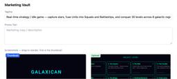 Marketing Vault — tagline, promo text, drag-to-reorder screenshot gallery