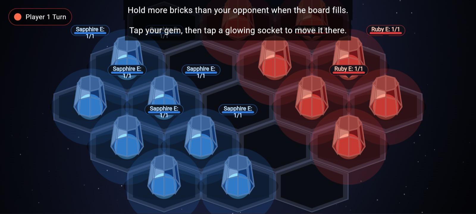 Witch's Bricks — Level 1 — Ruby vs Sapphire on a hex board, hold more bricks when it fills